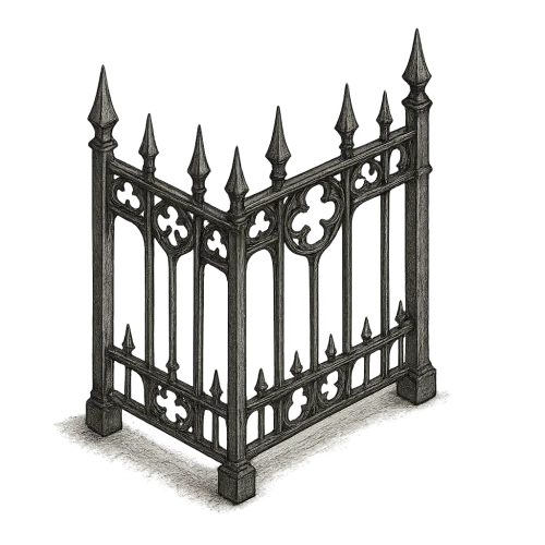 gothic style, old metal fence, drawn style, transparent background, isometric view
