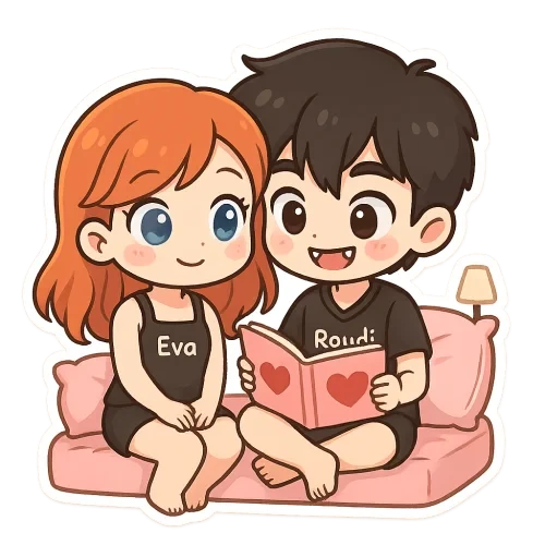 Cute cartoon couple, girl with orange hair and blue eyes wearing sweet black pijama of summer with "eva",  Beautiful boy with black hair and brown eyes vampire teeth wearing cute black pijama with "roudi", reading a book of hearts in sweet room , sweet couple sticker style, transparent background, 512x512