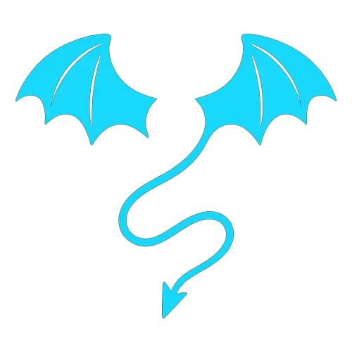 Minimalist vector illustration. **Isolated, stylized devil wings with pointed tips and scalloped edges, resembling bat wings. Below them, an isolated devil tail, thin and elegant, curving gracefully into a sharp, triangular barb at the end.** All elements feature sharp, clean lines and solid, uniform shapes without any gradients or textures. Absolutely no glow, neon, or reflective effects. High contrast design with all elements in a bright, vibrant cyan against a pure, plain black background. The overall aesthetic is clean, crisp, and emblematic of a modern, flat vector graphic.