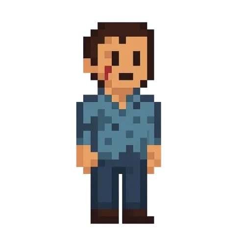 UNA PERSONA con camisa azul desgastada y medio dañada y un pantalon azul oscuro y que tengo un pequeño arañazo en la cara PIXELART  de 500x500