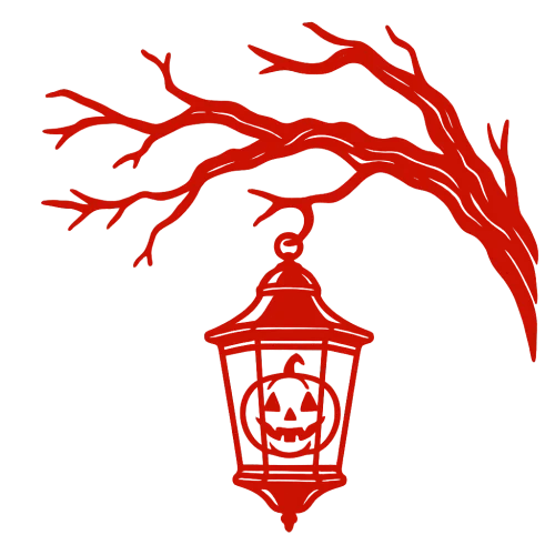 a red outline of a creepy looking halloween lantern hanging from a spooky looking branch from the side