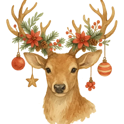 Watercolor Christmas reindeer portrait, elegant and cute, antlers decorated with small holiday ornaments, pine branches, red winter flowers, rustic woodland style, soft warm colors, white wood background, high detail, cozy farmhouse Christmas aesthetic
