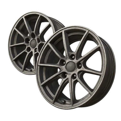 Ultra-detailed 3D render of car rims, floating in mid-air with transparent background, metallic textures, showing spokes and hub details, realistic lighting, PNG.