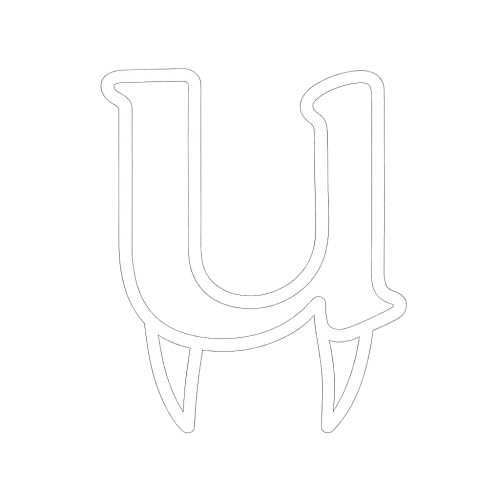 a white outline of the letter lowercase letter with fangs