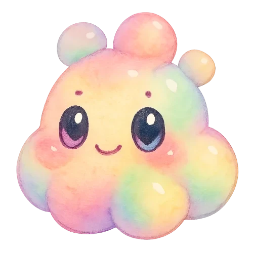 rich vibrant watercolor illustration, kawaii microbiology character, cute chubby pastel rainbow yeast buddy shaped like a cluster of soft round doughy bubbles, smooth shiny texture, gentle blending peach pink lavender mint and buttercream yellow, big shiny oval eyes with pale blue and pale pink highlight reflections that stay visible on transparency, tiny dot eyebrows, small smiling mouth, rosy cheeks, soft diffuse edges, no text, no border, transparent background