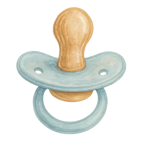 watercolor vintage baby pacifier, soft pastel blue beige and brown palette, gentle wooden and silicone texture, hand-painted illustration, cozy warm tones, transparent background, cute baby shower theme, high quality