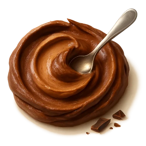 A realistic, appetizing swirl of chocolate peanut butter in rich cocoa-brown and warm nutty tones. The swirl should look natural and hand-scooped — with soft uneven ridges, gentle peaks, and organic curves (not a perfect circle). The texture appears luscious, smooth, velvety, and glossy with natural highlights. A shiny metallic spoon rests gently in the swirl as if just used. Add a few small chocolate pieces or delicate chocolate shavings near the base — elegant, minimal, not scattered. Soft warm studio lighting for a cozy premium feel. Include a subtle soft shadow underneath to make the swirl and spoon look naturally grounded on the label surface. **Transparent PNG**, no background, no bowl, no table. Centered composition, photorealistic, premium artisan food photography style.  **Do NOT:** make the swirl perfectly circular or symmetrical.organic irregular swirl shape, subtle imperfections