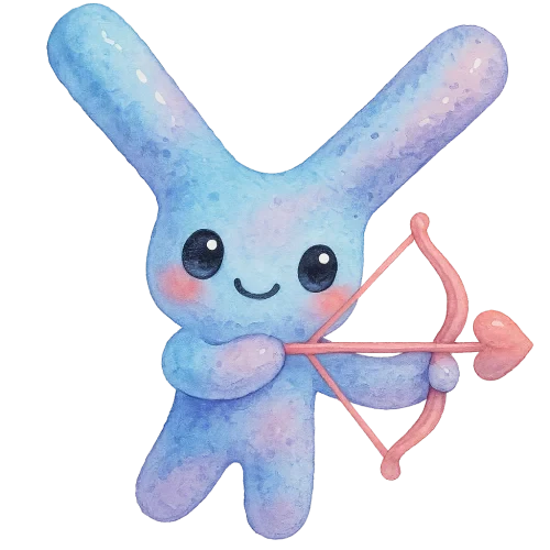 rich vibrant watercolor illustration, cute kawaii microbiology character, Y-shaped antibody archer with tiny rounded arms holding a cute heart-shaped bow (gentle playful pose), pastel sky blue and lavender pigments, big shiny eyes, rosy cheeks, soft edges, no text, no border, transparent background