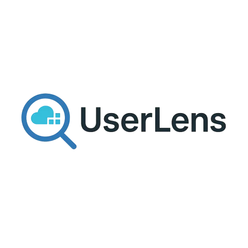 Professional modern logo for a software tool named UserLens, which lists and visualizes all a user's SaaS accounts. Icon on the left: stylized lens or magnifying glass with digital or cloud symbol, representing clarity and insight. Text “UserLens” on the right in clean sans-serif font. Blue and teal accents, minimalist vector flat style, transparent background PNG, centered horizontally, high resolution, no watermark.