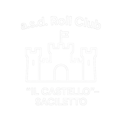 Minimal clean white logo on transparent background. A stylized castle with two side towers with battlements, central archway, and a small flag on top. Symmetric, smooth lines, modern vector-style look.  Above the castle, the text "a.s.d. Roll Club" in bold clean font.  Below the castle, the text '"IL CASTELLO" – SACILETTO' in matching font.  All elements in solid white, no shadows, no textures.  High resolution 2000x2000 px, suitable for printing on fabric, PNG with transparent background.