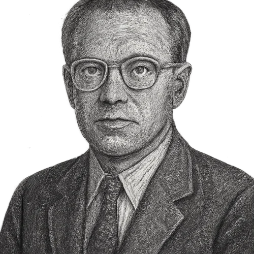 "Create a chalk drawing of a middle-aged man resembling David Ausubel, likely in his 40s or 50s. He has short, neatly styled hair that is receding slightly at the temples, appearing light-colored, possibly graying or light brown, suitable for a black and white rendering.  He wears eyeglasses with a rectangular aviator-style frame. His medium-sized eyes have visible pupils, and his nose is of average size and straight. His thin lips are slightly closed, giving him a neutral expression with a hint of seriousness, as he looks directly at the viewer. His chin is somewhat rounded, and his fair-toned skin has visible texture.  Dress him in a suit jacket made of textured material, possibly wool, over a collared shirt. He is also wearing a patterned tie featuring a mix of dark and light designs. Ensure the image has a transparent background and reflects a chalk drawing style."