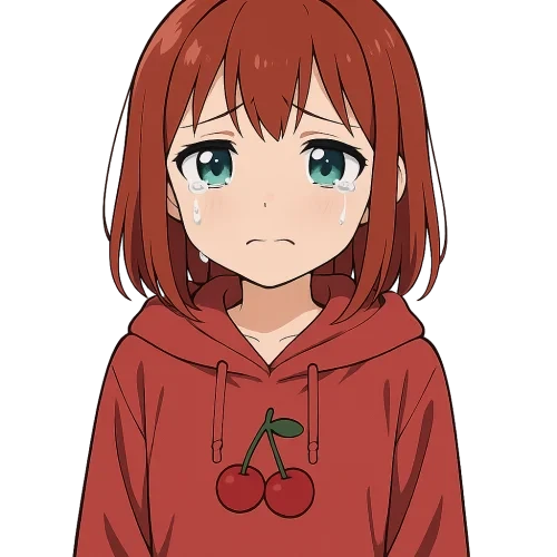 a 2D digital anime-style illustration of a young Japanese girl with medium-length straight red hair, greenish-blue eyes, wearing a red hoodie with a cherry symbol in the center, neutral lighting, clean line art, proportional head and body, cute expression, high detail, soft shadows, vibrant colors, transparent background teary eyes, sad expression
