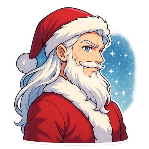 Handsome anime Santa Claus, upper body shot, full Santa hat visible, facing right, elegant face with sharp jawline, expressive bright anime eyes, long silky white hair, fluffy beard, luxurious red coat, confident side smirk smile, snowy sparkling background, vibrant colors, clean lineart, high-resolution 3000x3000 px, sticker-friendly, transparent background Filename: SantaAnime_SideRight.png