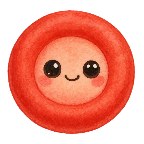 rich vibrant watercolor illustration, cute kawaii microbiology character, round donut-shaped red blood cell buddy with soft padded texture, pastel coral and peach pink pigments softly blended through the center with seamless transition from the outer red, big shiny eyes with light colored highlights, rosy cheeks, soft edges, no text, no border, no color overlapping graphic outline,transparent background