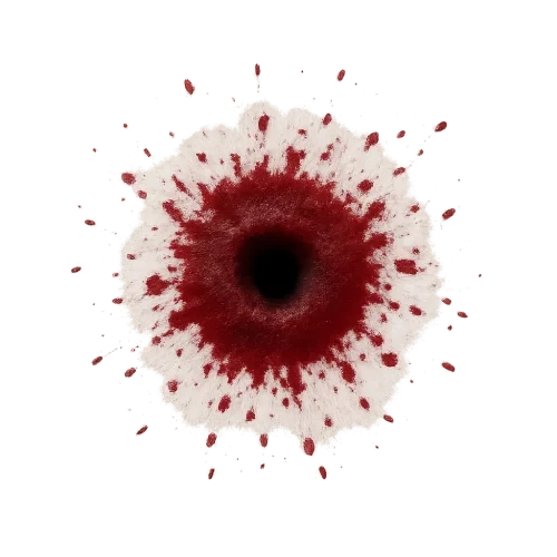 Top-down view of a single bullet hole decal, designed for video games, small round blood splatter with dark red dried edges, realistic but not gory, seamless texture, transparent background, isolated asset, centered on canvas, no objects, no text, no background, no 3D render, no extra elements.