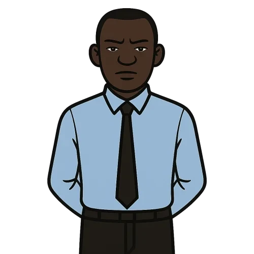 Flat 2D vector-style Ugandan male teacher, stern posture, arms behind back, long-sleeve light-blue shirt, dark tie, dark trousers, narrow eyes, short cropped hair, front-facing, minimal shading, bold outlines, simple classroom-appropriate outfit, transparent background, 2048x2048.