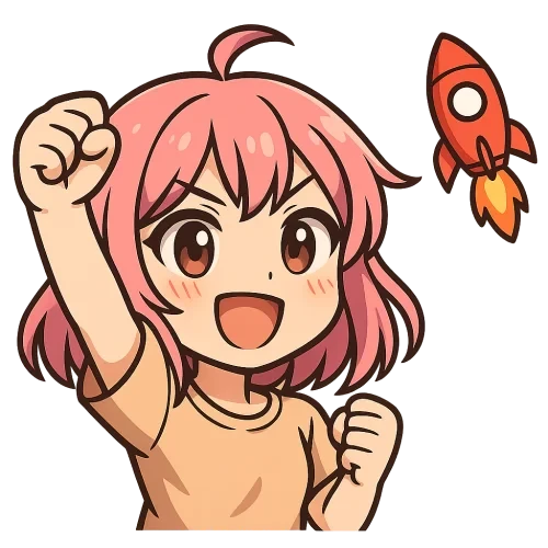 Cute anime-style girl emote, looking proud and energized, fist in the air or little rocket icon, pink hair, big expressive eyes, transparent background, cell‑shading style, high‑resolution, suitable for Twitch emote