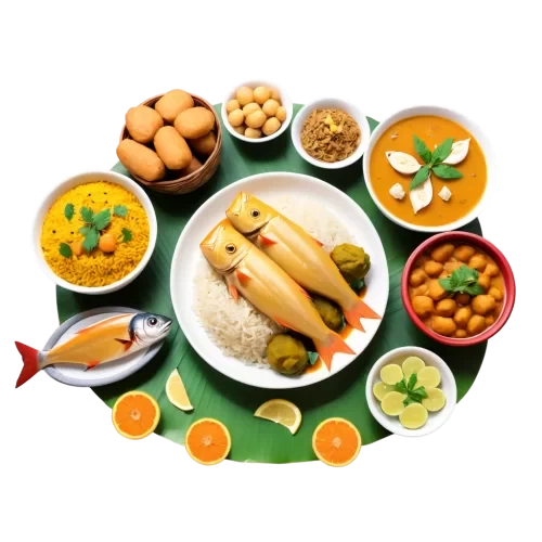 Illustrate a traditional Baisakhi meal, dishe like panta bhat (soaked rice), ilish mach (Hilsa fish), and various sweets. . detailed, highly sharp, clear, clean line, artistic, eye catching, very attractive, 128k extremely realistic,  uhd.