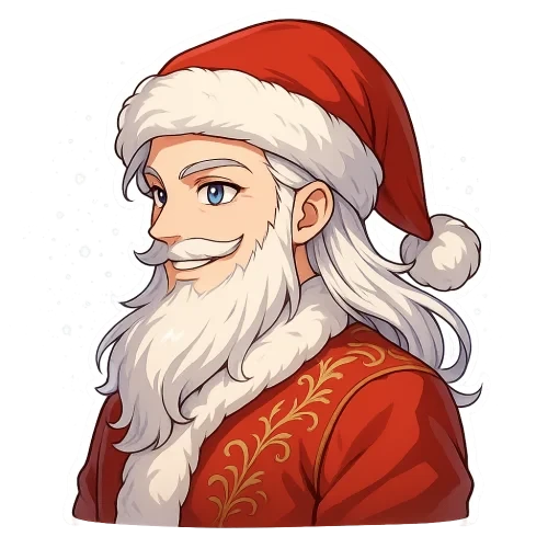 Handsome anime Santa Claus, upper body shot, full Santa hat visible, facing left, elegant face, bright expressive anime eyes, long silky white hair, well-groomed fluffy beard, stylish red coat with golden embroidery, playful side smile, snowy glowing background, high-resolution 3000x3000 px, sticker-friendly, transparent background Filename: SantaAnime_SideLeft.png