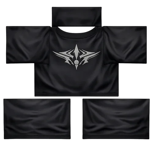 High-resolution flat texture for a Roblox classic shirt, Y2K streetwear style, dark black fabric with subtle silver futuristic centered graphic, symmetrical, realistic fabric shading and folds, transparent background, clean composition, no text, can be placed onto a roblox shirt template PNG