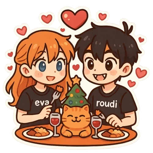 A cute good anime couple, girl with orange hair and blue eyes wearing black pijama with "eva", amazing boy with black hair and brown eyes vampire teeth wearing black pijama with "roudi" , and orange fat cat smile,  having dinner in sweet christmas full with hearts ,sweet couple sticker style, transparent background, 512x512