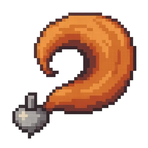 8bit pixel art style, small grey metal turnip with no leaves positionned in the bottom left corner and a very large fox tail sprouting from the top of the turnip instead of the leaves , swirling counter clockwise from the turnip to the tip of the tail and taking most of the picture space