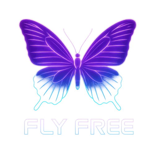 A glowing neon butterfly with vibrant purple and blue wings, cyberpunk glow style, with the bold text “FLY FREE” in modern futuristic font below it, transparent background, high resolution, perfect for print on demand