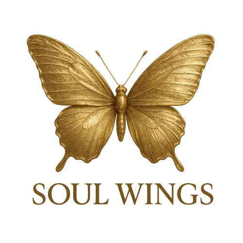 Elegant golden butterfly with shimmering metallic textures, realistic 3D style, with the words “SOUL WINGS” in elegant serif font, minimal design, transparent background, high resolution, perfect for T-shirts and mugs