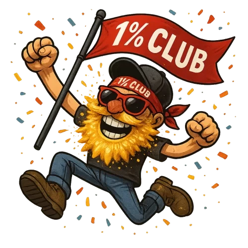 Same character as base prompt (golden explosion beard, red sunglasses, '1% Club' red bandana), now jumping mid-air holding '1% Club' flag, confetti explosion (transparent), big toothy grin, hat tilted back, dynamic angle, transparent PNG.