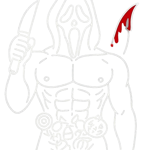 a white outline of Ghostface with a bloody knife, bare chest, abs and v-line covered in halloween candies, transparent background