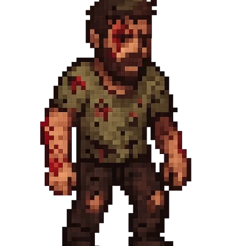 UNA PERSONA PIXELART Y QUE SE VEA QUE ALLA SOBREVIVIDO A ALGO Y ESTE MEDIO HERIDO Y LA ROPA ROTA EN PEQUEÑOS HUECOS