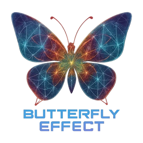 Abstract geometric butterfly made of glowing fractal patterns, symmetry design, with the phrase “BUTTERFLY EFFECT” in futuristic glitch-style typography, transparent background, high resolution, perfect for hoodies and posters