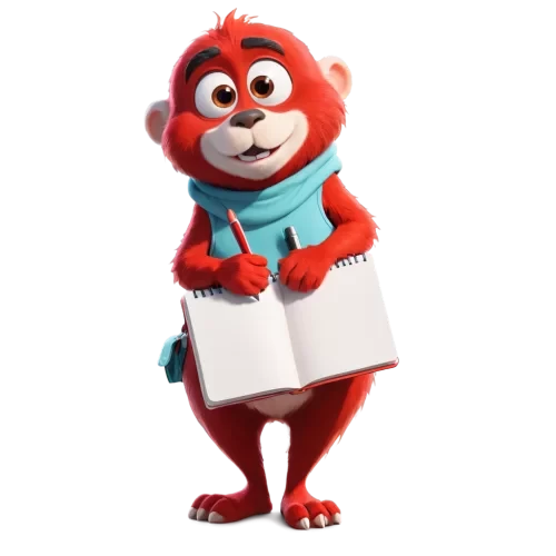 a red  cute soinc character  writeing  in  a notebook