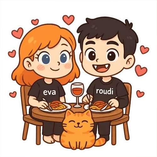A cute good cartoon couple, girl with orange hair and blue eyes wearing black pijama with "eva", amazing boy with black hair and brown eyes vampire teeth wearing black pijama with "roudi" , and orange fat cat smile,  having dinner in sweet place full with hearts ,sweet couple sticker style, transparent background, 512x512