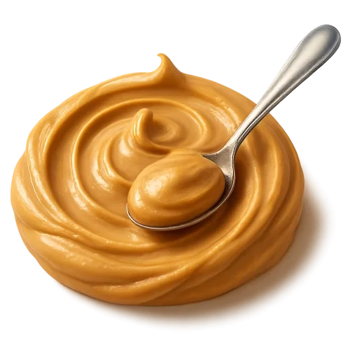 A realistic, appetizing swirl of creamy smooth peanut butter in rich golden-beige tones, with a shiny metallic spoon gently dipped into it, creating a luscious texture and natural glossy highlights. The peanut butter appears thick, smooth, and indulgent, with soft warm lighting for a premium look. Include a subtle soft shadow underneath to make it look naturally grounded, as if resting on the label surface. No background, no container — transparent PNG, centered composition, photorealistic detail.