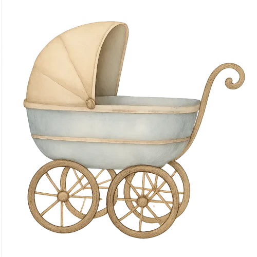 watercolor vintage baby stroller, classic design, soft pastel blue beige and brown tones, gentle shading, elegant hand-painted style, cozy and nostalgic, transparent background, high quality baby shower illustration