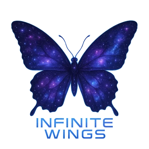A butterfly with cosmic galaxy patterns in its wings (stars, nebula, purple/blue), glowing aura, with the words “INFINITE WINGS” in futuristic space-themed font, transparent background, high resolution, perfect for posters and T-shirts