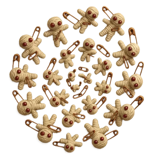 Top-angle macro PNG of hand-made voodoo charms (thread, beads, safety pins) arranged in a spiral, soft white light from top-right, transparent background. 🟢 Unique color: Muted bone white + crimson + copper