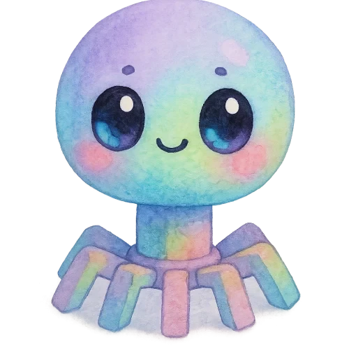 rich vibrant watercolor illustration, kawaii microbiology character, chubby pastel rainbow bacteriophage with round soft head and stubby geometric legs, gentle blending lavender sky blue mint green and bubblegum pink, large shiny oval eyes, deep black pupils, with big pale blue and pale pink reflective highlights (not white so they remain visible on transparency), tiny dot eyebrows, small simple smile, rosy cheeks, soft diffuse edges, no text, no border, transparent background