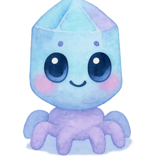 rich vibrant watercolor illustration, kawaii microbiology character, chubby bacteriophage with a rounded crystal-shaped head and short soft legs, soft pastel microbiology palette (main colors glacier blue and lilac with gentle periwinkle accent only, not full rainbow), large shiny oval eyes with deep black pupils and big pale blue + pale pink reflective highlights (non-white so they remain visible on transparent PNG), tiny dot eyebrows, small simple smiling mouth, rosy cheeks, soft diffuse watercolor edges, no text, no border, transparent background