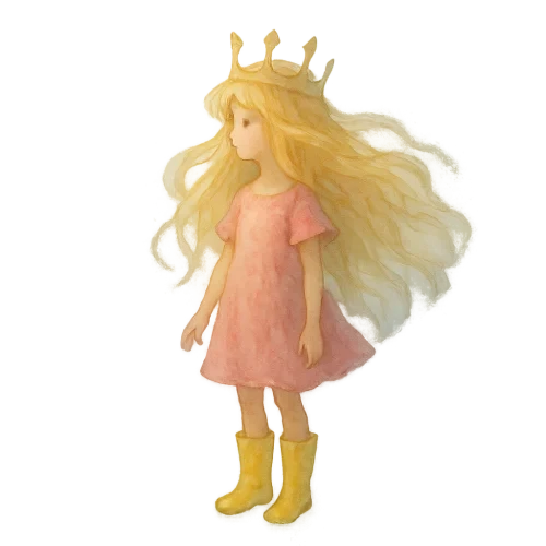 A young girl wearing a pink dress and yellow rain boots with flowing  blonde hair and delicate crown, standing in misty light, hand-painted watercolor style inspired by Child of Light, soft gradients, ethereal atmosphere, fantasy illustration, transparent background.