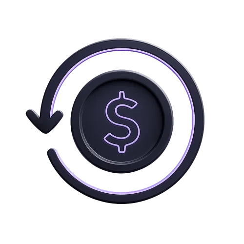 A premium, futuristic minimal icon representing money-back guarantee. Shows a circular arrow around a coin or currency symbol, suggesting refund or return. Neon purple accents, dark gray tones, subtle reflections, soft glow. Simple and clear shapes, no background, transparent backdrop, isolated icon design. Minimal composition with strong symbolic clarity, optimized for small-size use, consistent with futuristic marketing visuals.