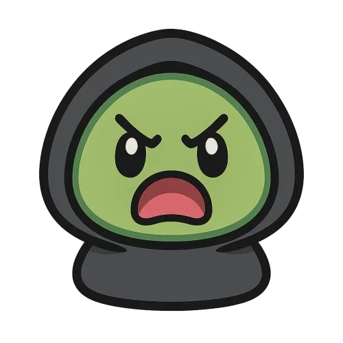 2D digital illustration of a Digimon-baby–inspired blob character, eyes frowning, mouth open, head-only, rounded green blob face, dark gray hoodie hood framing the head, no limbs, no torso, cute chibi monster style, simple shapes, thick clean outlines, flat colors with subtle shading, centered composition, transparent background, high resolution, sharp edges, no blur, clear silhouette, vector-like clarity, PNG-style asset, no background, alpha channel, transparent PNG