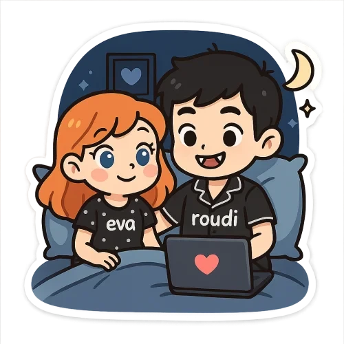 Cute cartoon couple, girl with orange hair and blue eyes wearing sweet black pijama of summer with "eva",  Beautiful boy with black hair and brown eyes vampire teeth wearing cute black pijama with "roudi", watching a film of love in sweet bed at night  in the room, sweet couple sticker style, transparent background, 512x512