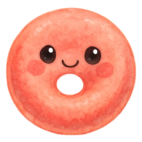 rich vibrant watercolor illustration, cute kawaii microbiology character, round donut-shaped red blood cell buddy with soft padded texture, pastel coral and peach pink pigments softly blended, big shiny eyes with white highlights, rosy cheeks, soft edges, no text, no border, no color overlapping graphic outline,transparent background