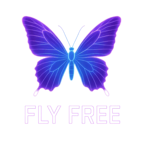 A glowing neon butterfly with vibrant purple and blue wings, cyberpunk glow style, with the bold text “FLY FREE” in modern futuristic font below it, transparent background, high resolution, perfect for print on demand