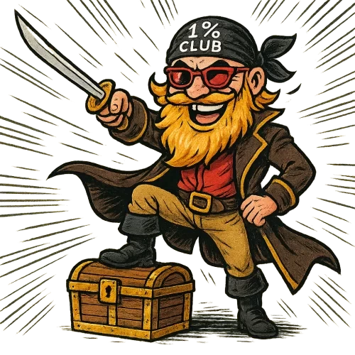 Same character as base prompt (golden explosion beard, red sunglasses, '1% Club' bandana), now pointing sword forward with one hand, other hand on hip, one foot on treasure chest, winking, exaggerated confident smile, pirate coat fluttering, comic-style motion lines, transparent background.