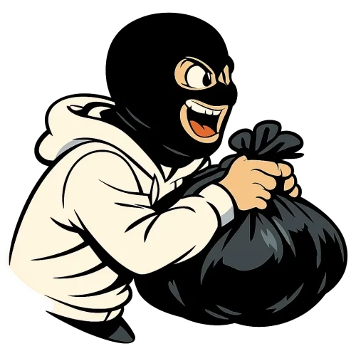 A mature vintage cartoon-style illustrated character in a classic animation aesthetic, left profile from waist up, wearing a black wool balaclava with only eyes and mouth visible, dynamic pose as if running, holding a heavy black trash bag with both hands showing weight strain, wearing a basic white hoodie, expression under the balaclava with wild, crazed eyes and open mouth, varied line thickness with clean bold outlines, flat colors with subtle cel shading reminiscent of older 2D cartoons, transparent background, high resolution PNG, no extra elements.