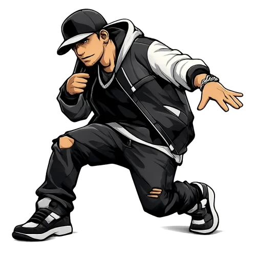 Un personaje ilustrado estilo urbano/trap, con gorra y chaqueta, pose dinámica, sombras suaves, estilo digital art, sin fondo (fondo transparente), alta calidad, sin texto, sin marcas.