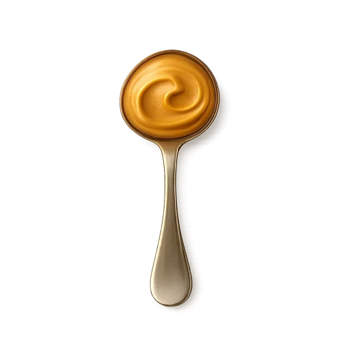 A full stainless steel spoon filled with creamy smooth peanut butter, photographed from a top-down overhead angle. The spoon must be shown **entirely from handle tip to scoop**, with **large empty space above, below, and around it** so that nothing touches the edge of the image. The peanut butter appears velvety, glossy, thick, with soft natural swirl texture. Warm soft studio lighting for a premium artisanal look. Include a soft, subtle shadow beneath the spoon to make it appear resting on the label surface. Transparent PNG, no background.  **Composition instructions:**  - Spoon should appear **small enough so the entire object fits comfortably inside the frame** - **At least 15% padding** around all sides   - **Vertical centered orientation**  **Do NOT:** crop the spoon, zoom in, cut off any part of the spoon, reframe, or rotate.  FULL SPOON, NO CROPPING, EXTENDED CANVAS SPACE, GENEROUS PADDING AROUND ENTIRE SPOON.Zoom OUT until the full spoon is visible. Reduce crop. Increase canvas. Do not fill frame.